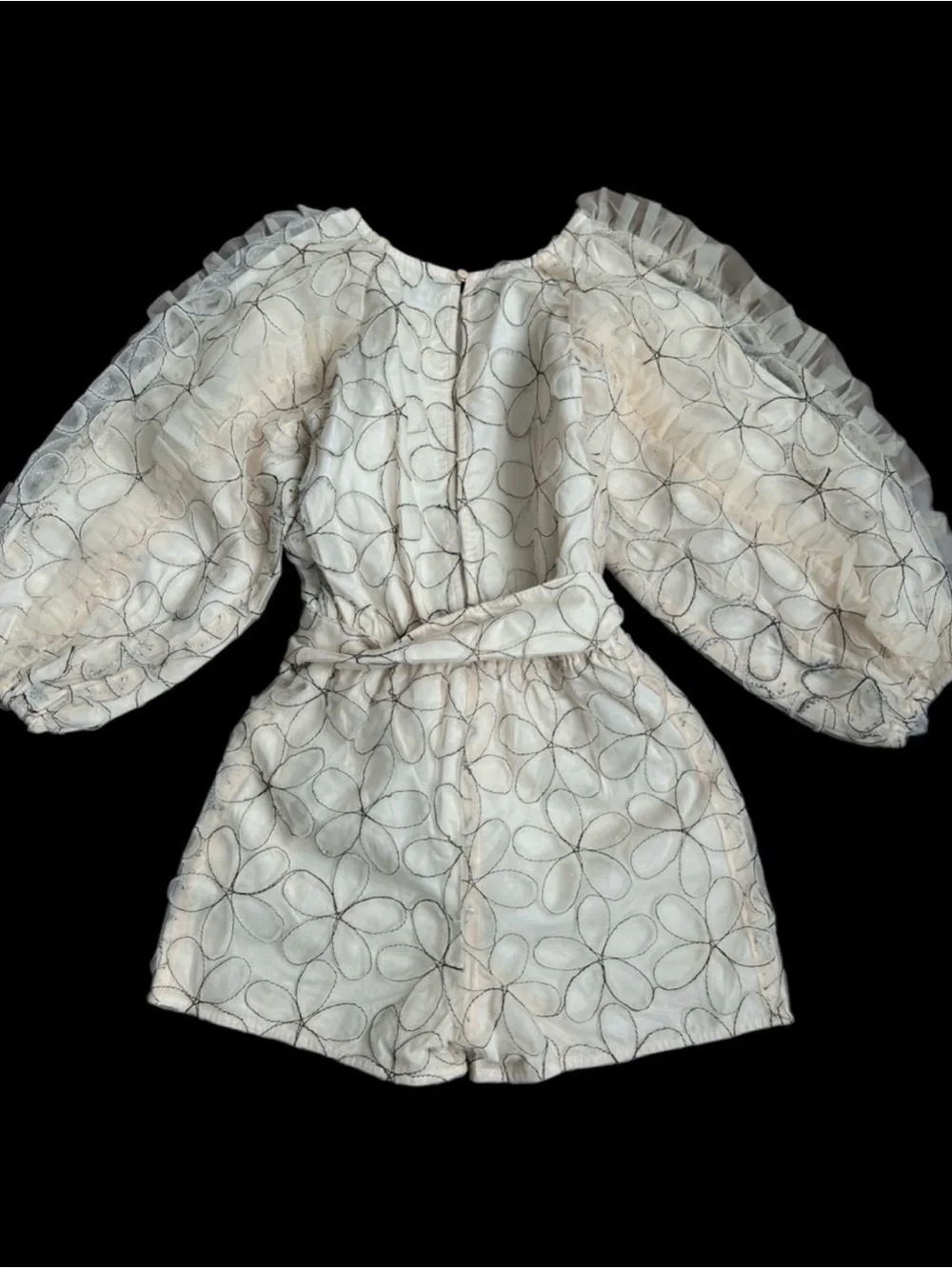 Ivory Floral Organza Romper with Puff Sleeves by Chloe and Amelie. Size 6.